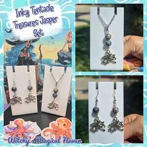 Inky Tentacle Treasures Jasper Gemstone Pendant and Earrings Set